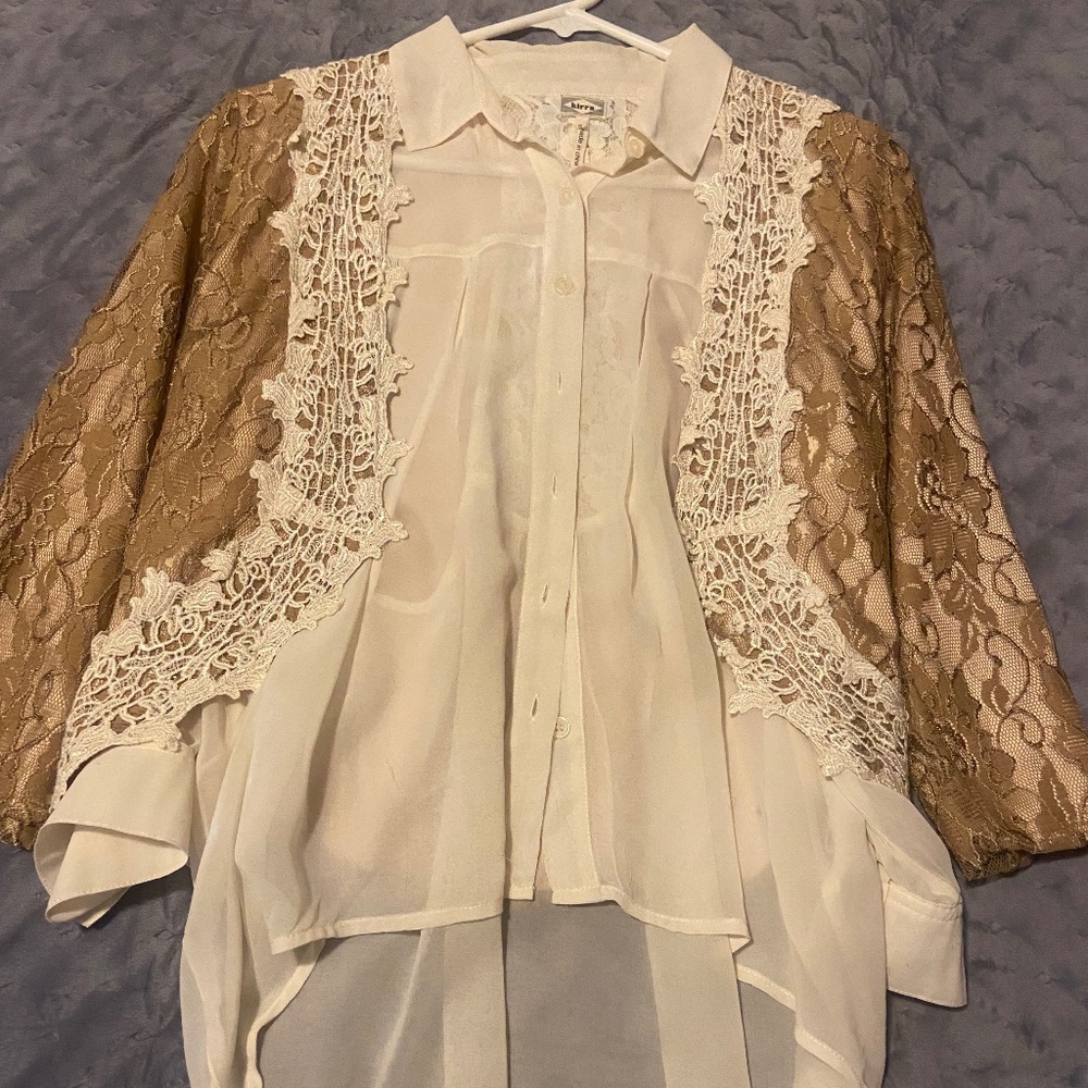 Gold with white lace cami with a white collard tank top